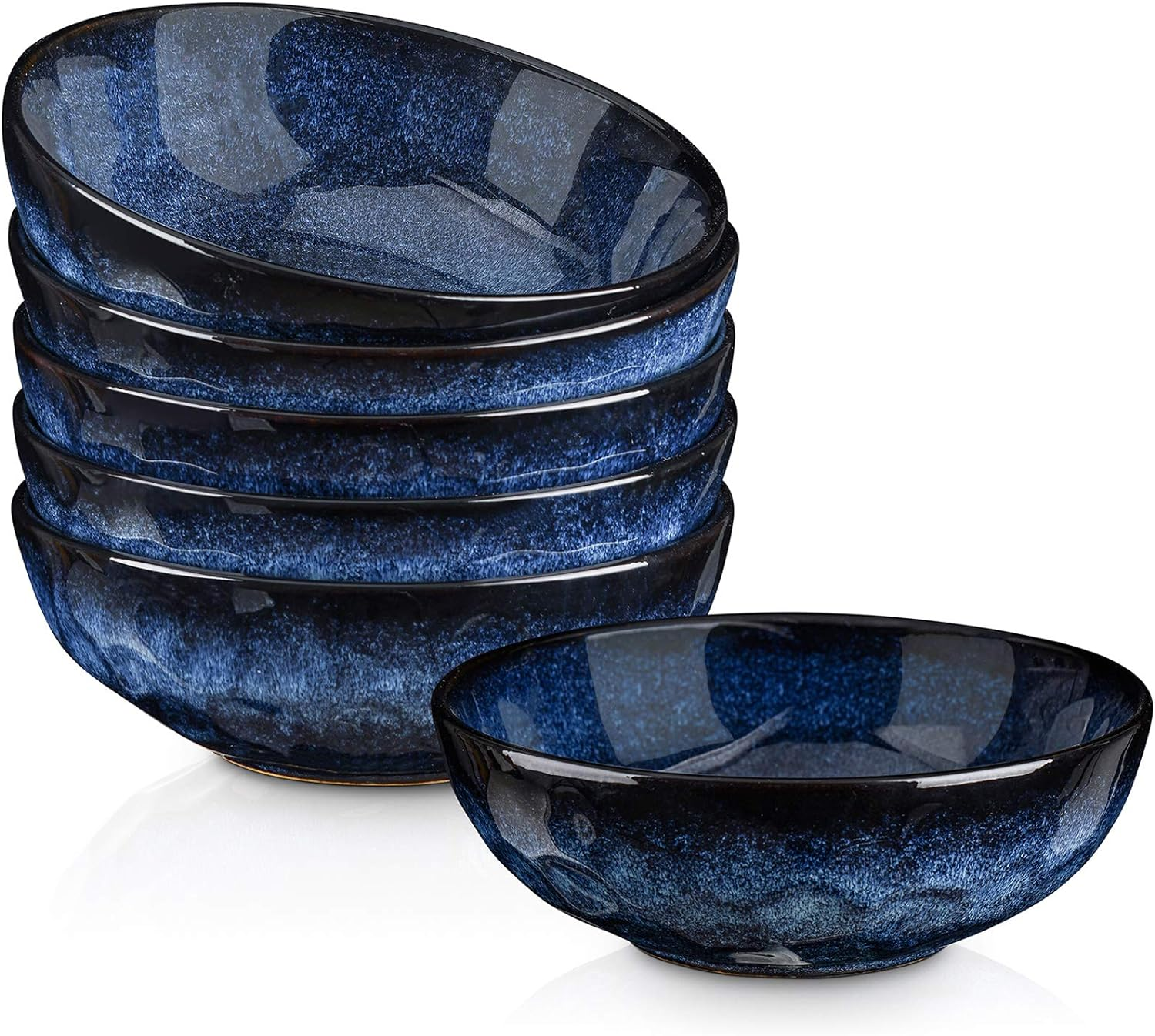 Vicrays Ceramic Salad Bowls Set for Kitchen, Serving - 32 Ounce Soup Bowls, Pasta Bowls, Chip Resistant, Dishwasher Microwave Safe, Large, Fluted, Stoneware, Set of 6 (Blue)