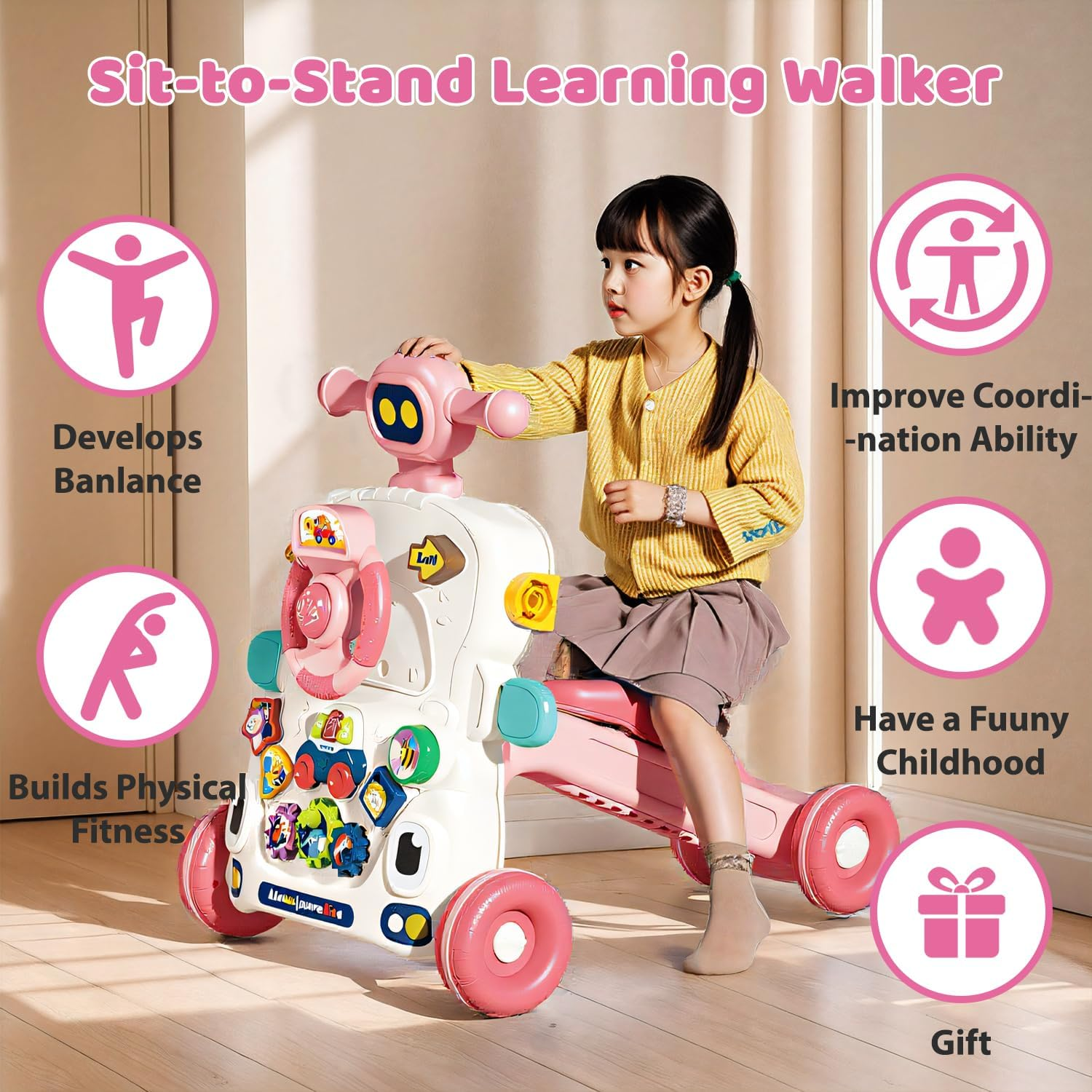 Uandhome 5 in 1 Baby Walker for 36 Months,Sit to Stand Learning Walker and Activity Center, Musical Toys for Babies 36 Month, Children Walking Toy, Early Educational Toy for Infant Boys Girls(Pink) image number 4