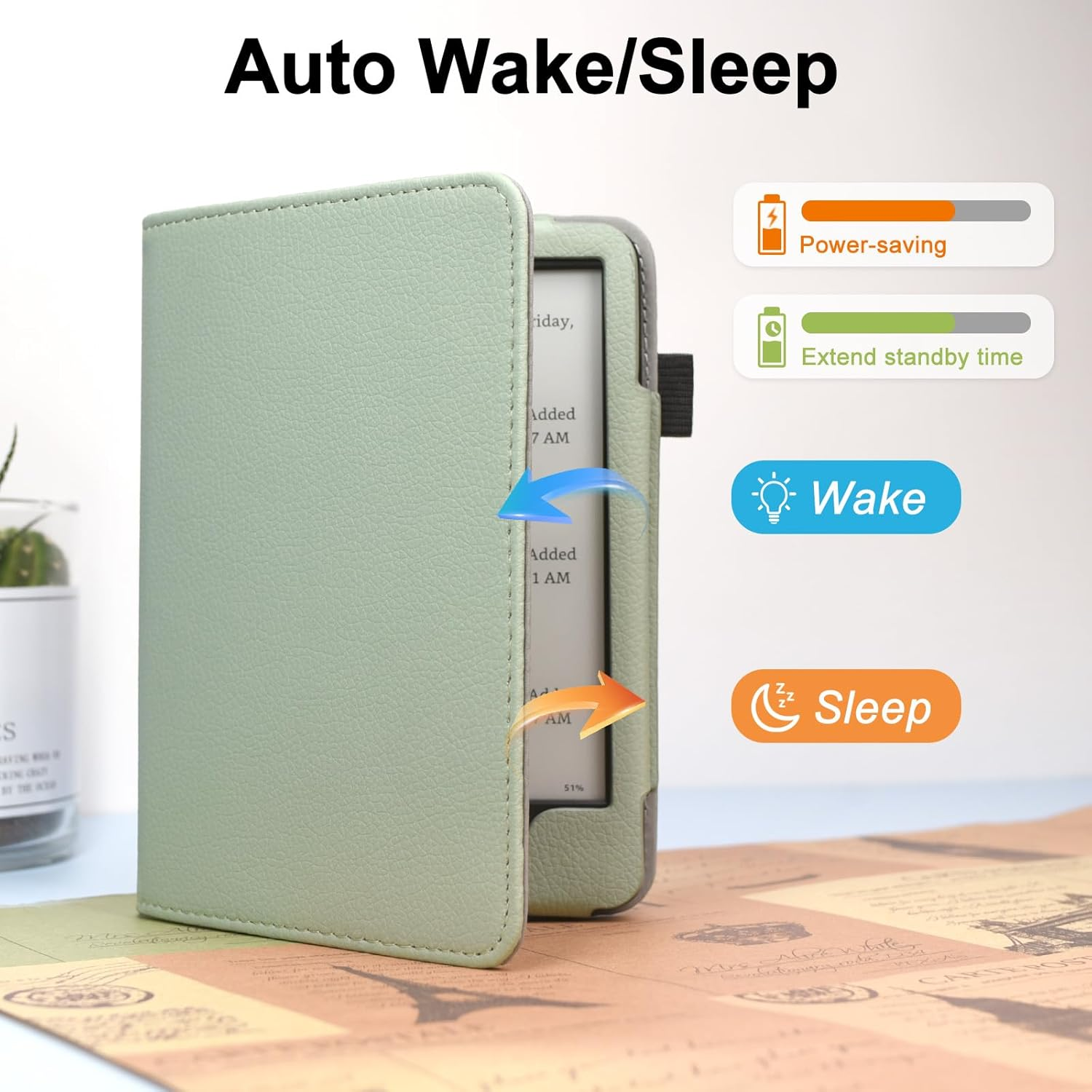 Case with Stand for for 6" Kindle (2024 & 2022, 11Th Gen) &ndash; PU Leather Smart Cover with Auto Sleep/Wake & Hand Strap for Kindle 2024, Sage - Rose Gold image number 3