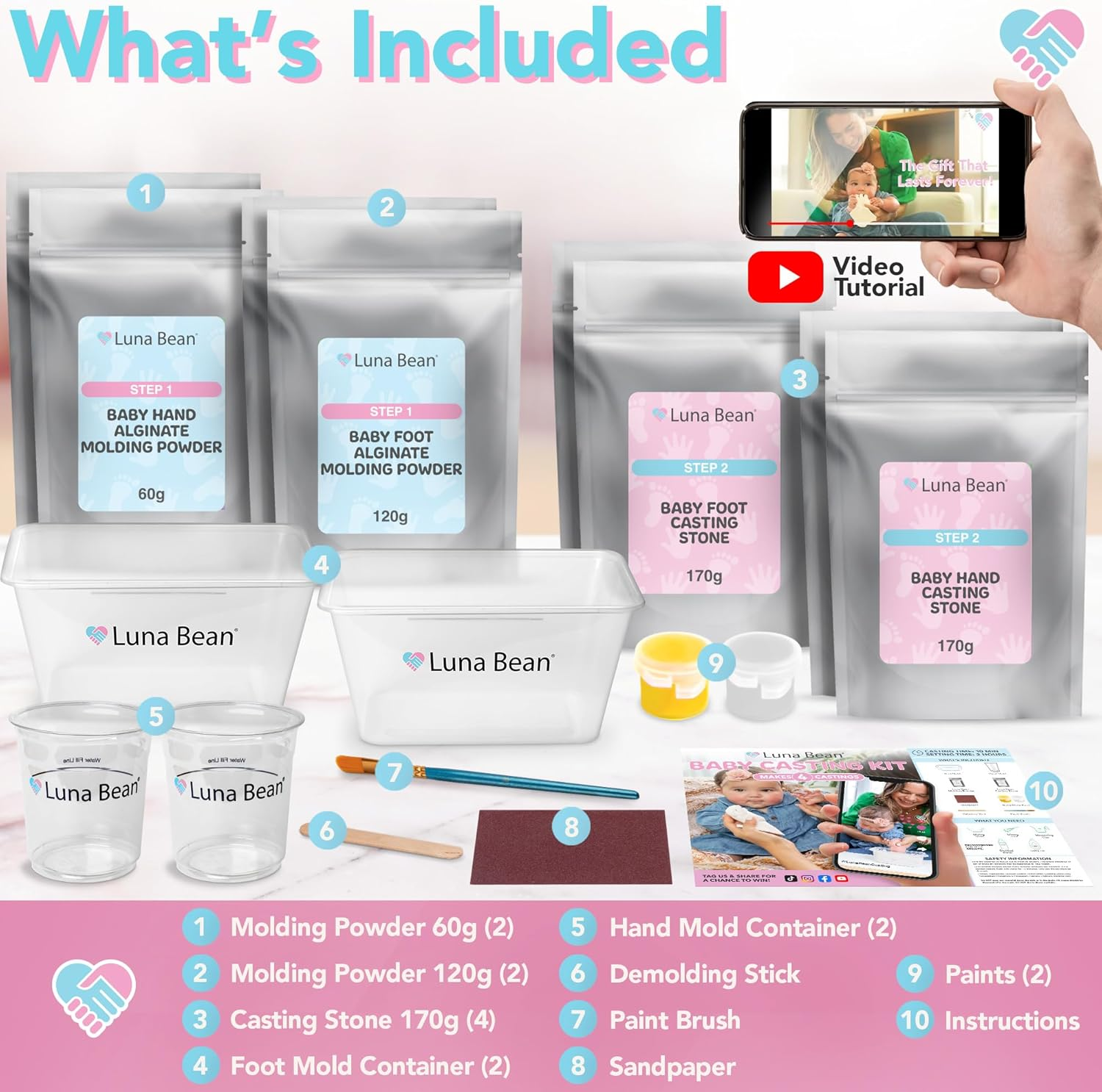 Luna Bean Baby Footprint & Hand Casting Kit (4 Pack) Newborn Keepsake Foot Hand Mold Kit - Baby Shower New Mom Gifts image number 5