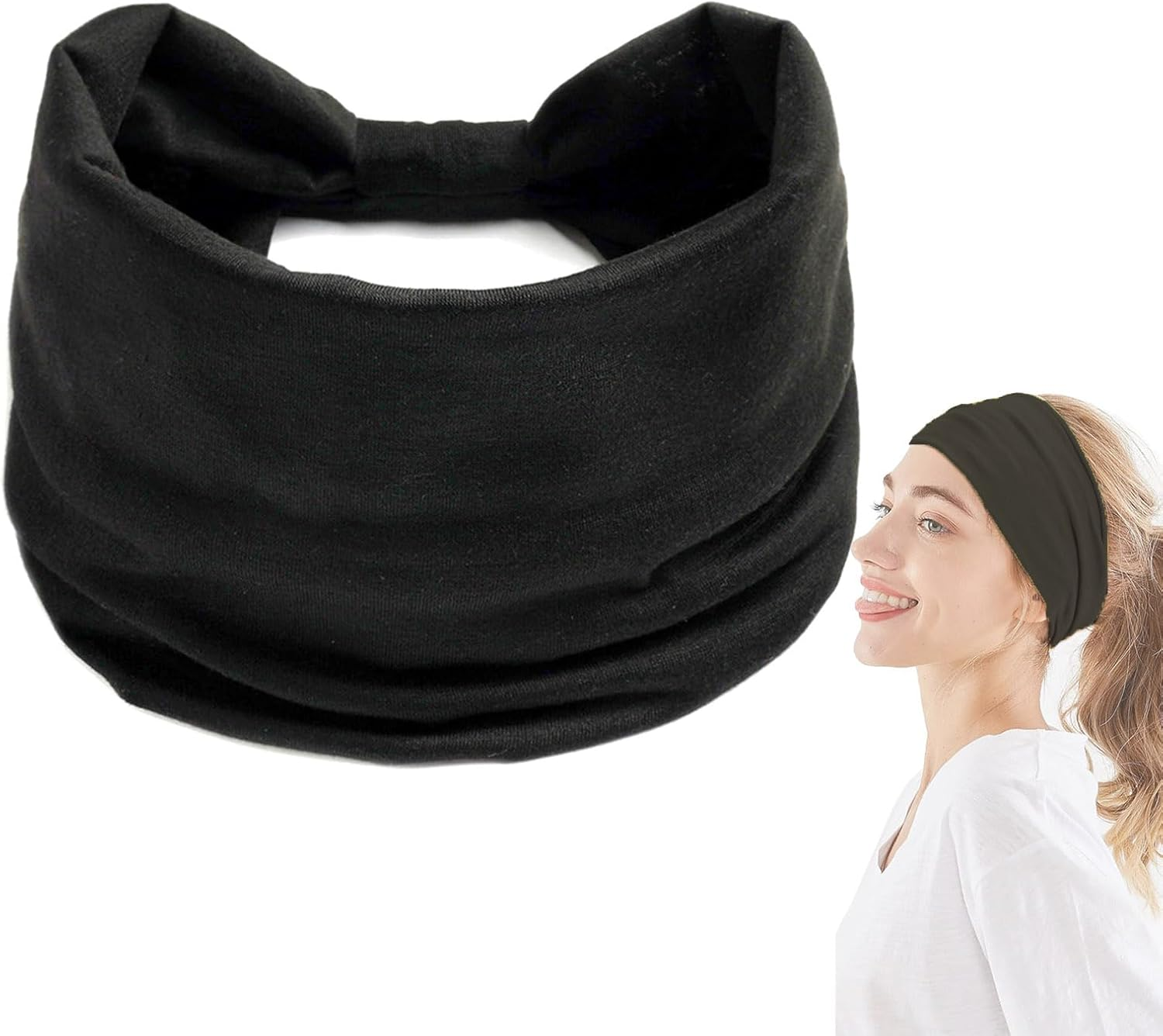 Wide Headband for Women and Men - Black, Stretchy, Non-Slip Workout Sweatband for Yoga, Fitness, Tennis, Runners - Soft Breathable Stylish Accessories for Girls image number 3