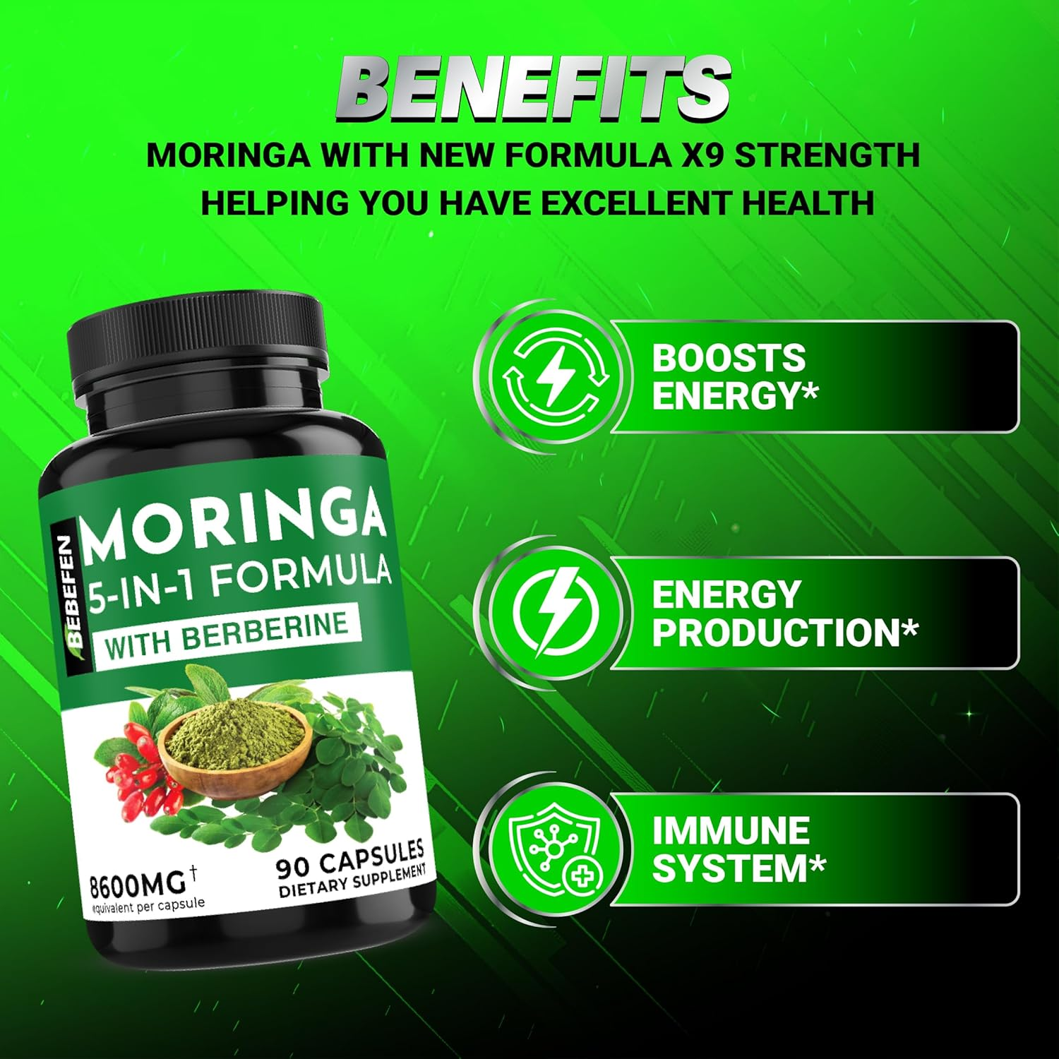 Moringa Capsules with Berberine | Turmeric | Ashwagandha | and Spirulina - 5In1 Moringa Supplement - Equivalent 8600Mg per Capsule - 90 Capsules for 3 Months Supply image number 6