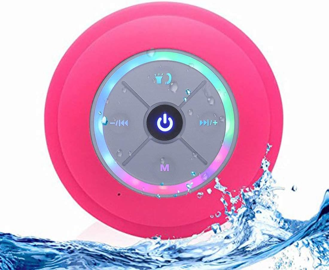 JUSTOP Rainbow LED Bluetooth Shower Speaker with FM Radio, IP67 Portable Fully Waterproof, Hands-Free Speakerphone. Rechargeable Using Micro USB, Perfect Speaker for Golf, Beach, Shower & Home (Black)