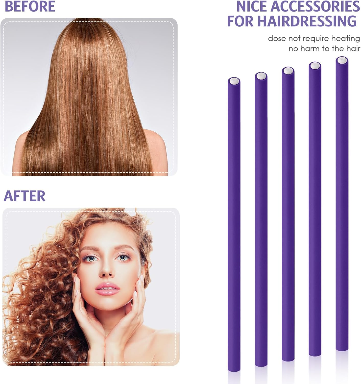 Syhood 30 Pieces Flexible Curling Rods Twist Foam Hair Rollers Soft Foam No Heat Hair Rods Rollers and 1 Steel Pintail Comb Rat Tail Comb for Women Long Short Hair(9.45 X 0.3 Inch,Purple) image number 3