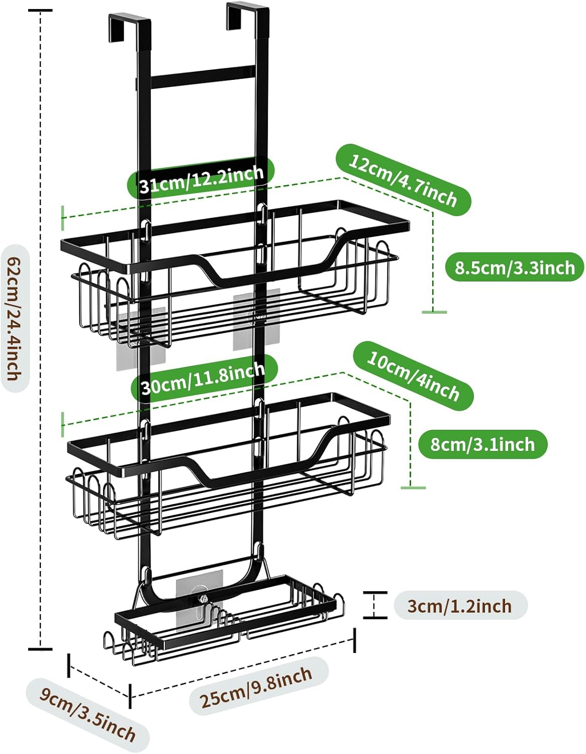 Sandream over the Door Shower Caddy, 3 Tier No Drilling Shower Caddy Hanging with Hooks for Razor and Sponge, Rustproof Bathroom Storage Shelf Rack with Soap Holder - Black image number 3