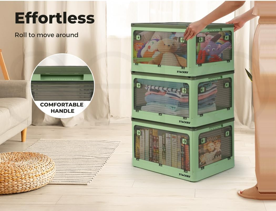 Stacked Storage Bins Stackable Plastic Container with Handle Lid Clothes Wardobe Organiser Toy Book Box Foldable 5 Side Open Wheel 55L Green image number 2