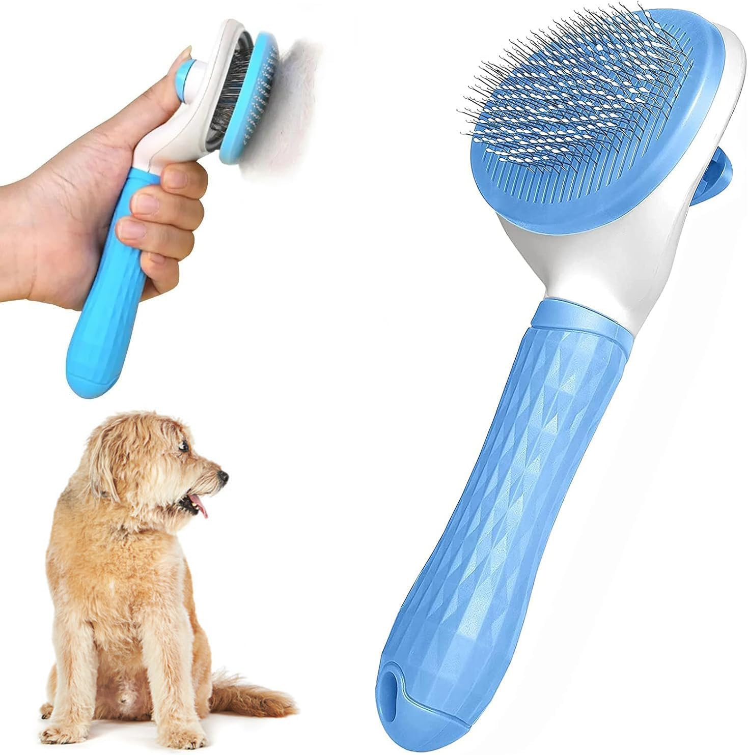 Dog Brush Cat Grooming Comb Self-Cleaning Pet Slicker Brushes Dogs Grooming Tool with Cleaning Button Cat Shedding Tools for Long Short Haired Dog Cats Remove Loose Fur Undercoat Tangled Brush (Blue)
