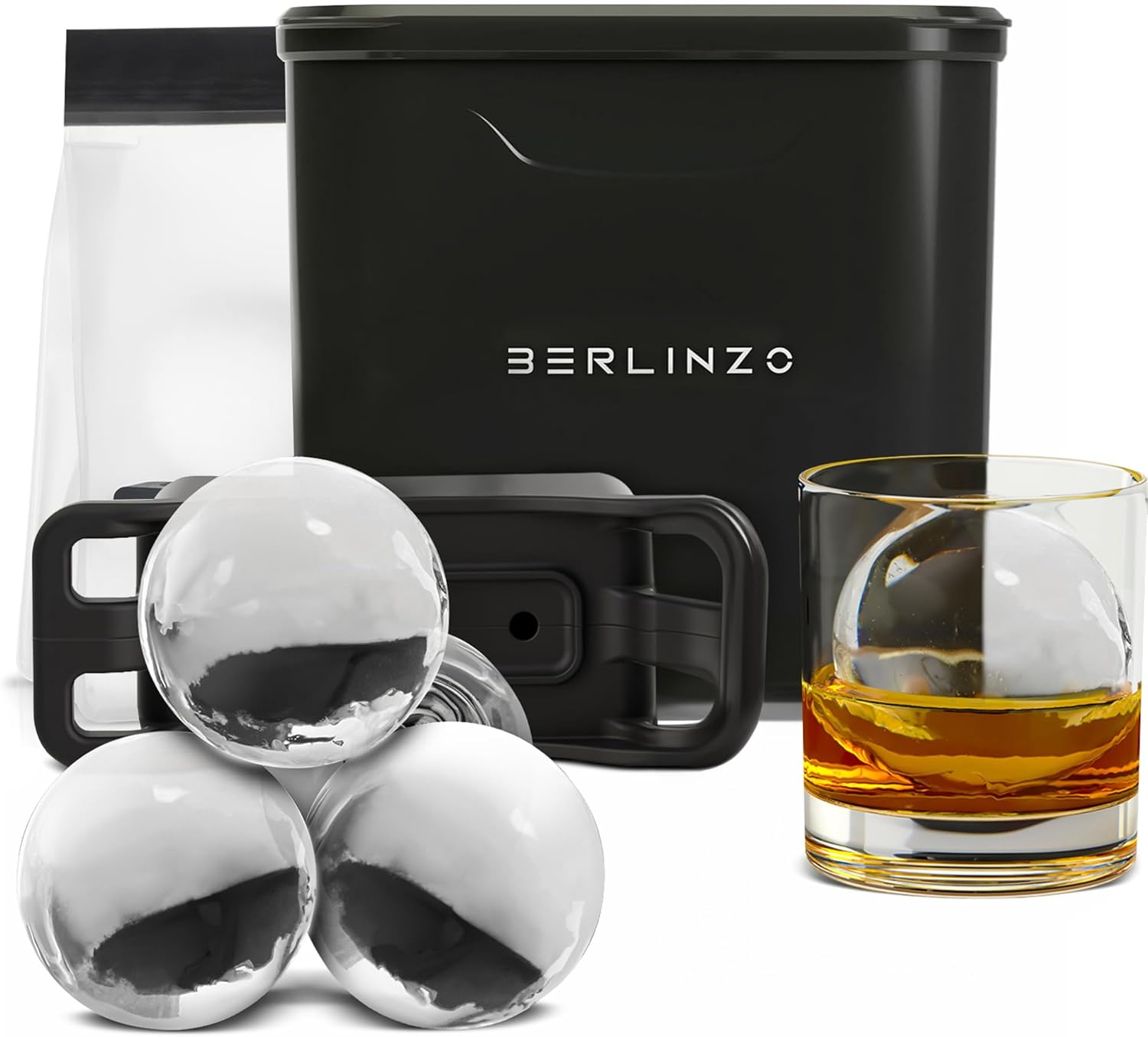 Premium Berlinzo Clear Ice Cube Maker - Whiskey Ice Ball Mold Large 2 Inch - Crystal Ice Maker Sphere with Storage Bag for Ball Ice