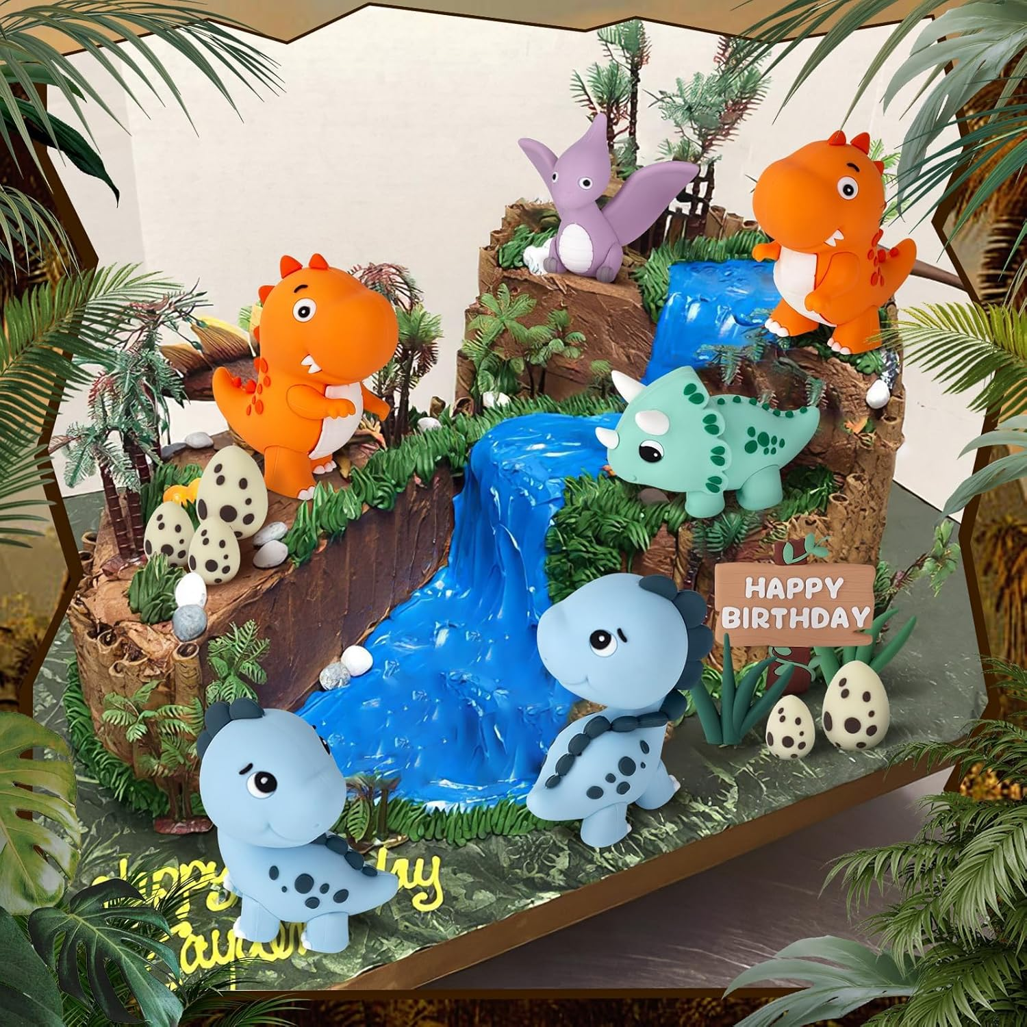 17PCS Dinosaur Cake Topper, Dinosaur Eggs Leaves Grasses Cake Decorations with Happy Birthday Sign Cake Toppers for Birthday Party Decorations, Safari Animal Themed Party image number 3
