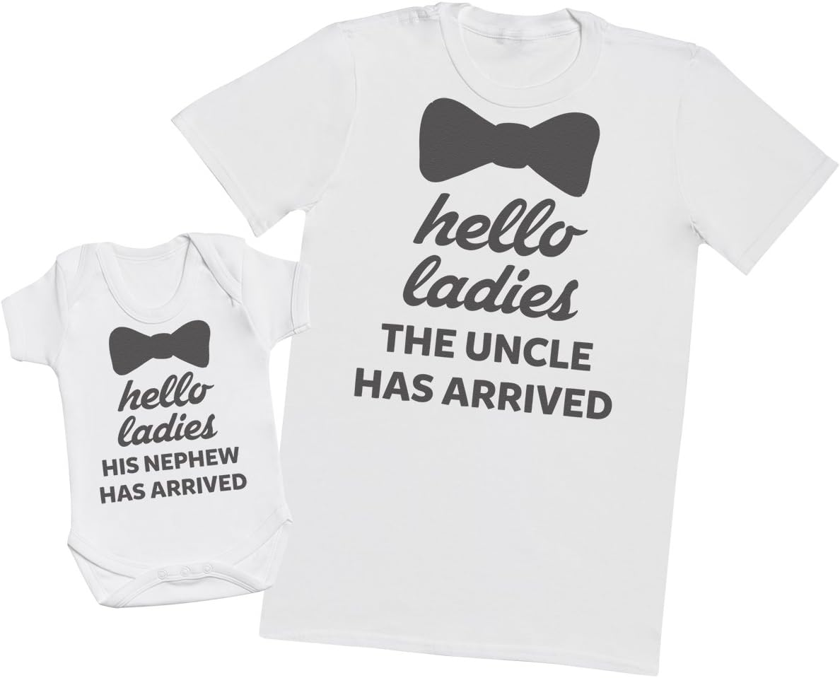 Zarlivia Clothing Hello Ladies, the Nephew Is Here - Matching Uncle Nephew Gift Set - Mens T Shirt & Baby Bodysuit - White - Medium & 6-12 Months image number 1