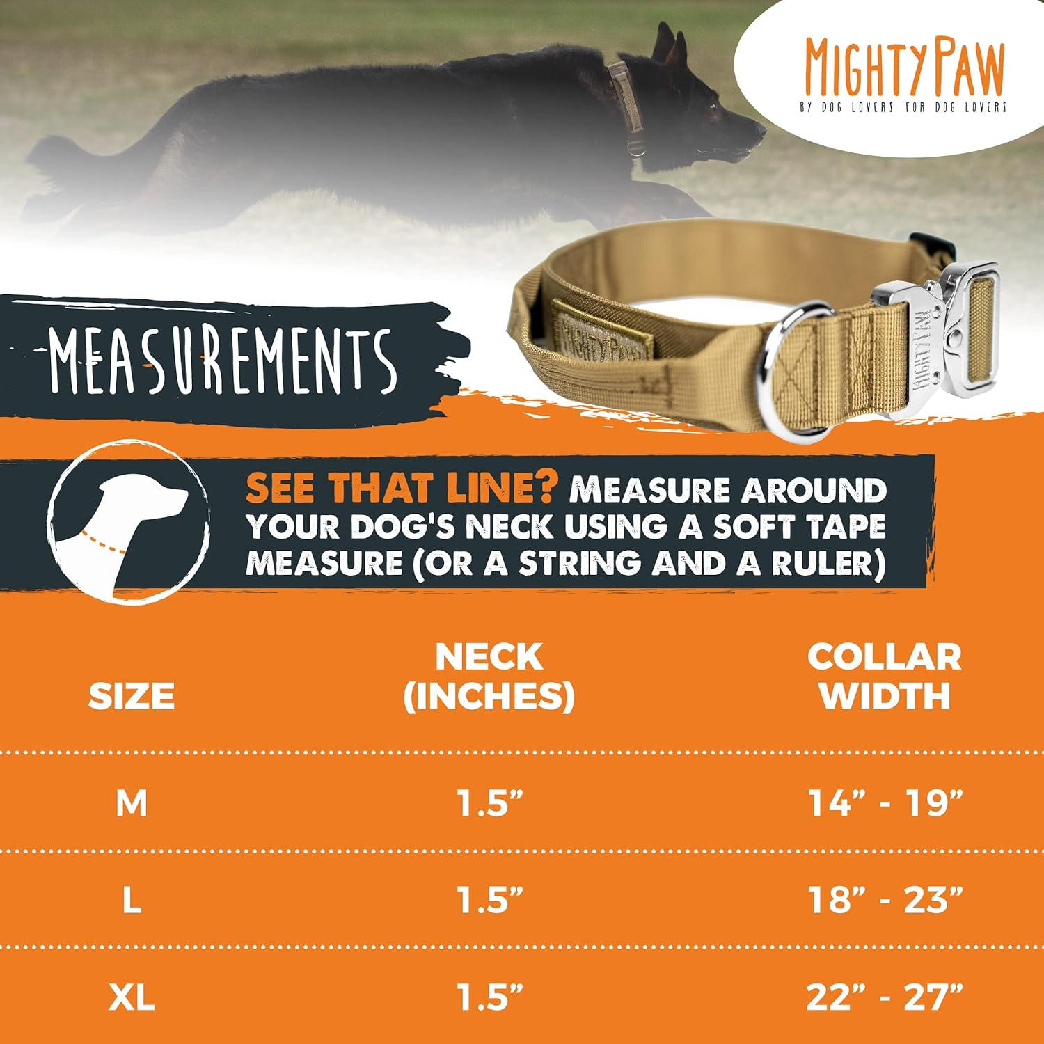 Mighty Paw Tactical Dog Collar - Heavy Duty with Metal Buckle and Control Handle - Weatherproof Polyester Material - Sturdy Metal Dog Collars - Dog Collar for All Dog Breeds - Heavy Dog Collar - Tan