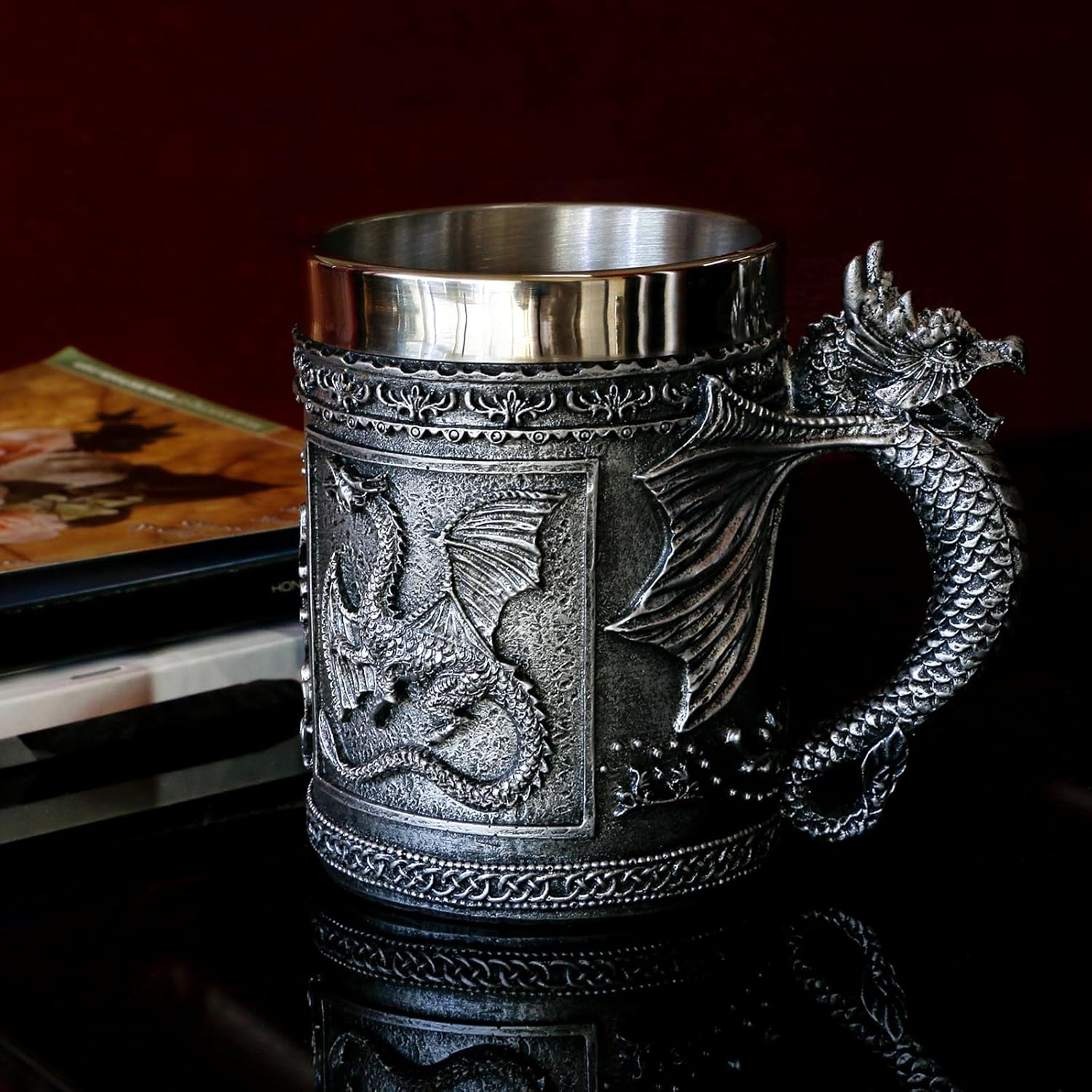 Medieval Roaring Dragon Mug - Dungeons and Dragons Beer Stein Tankard Drink Cup - 15.8Oz Stainless Coffee Mug for GOT Dragon Lovers Collector - Ideal Novelty Gothic Father Day Gift Party Decoration image number 3