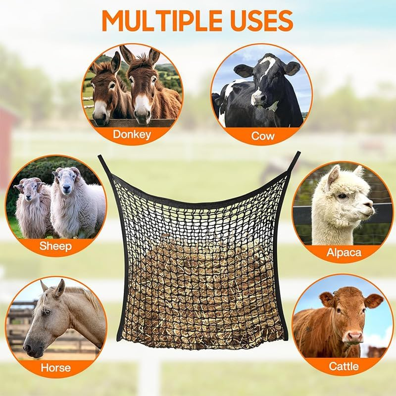 Hay Nets for Horses，2 Pieces of Knotless Slow Feeding Hay Nets with 4 Horse Hook Clips, Large Capacity Open Top Hanging Hay Bags for Horses(Black, 2PC) image number 3