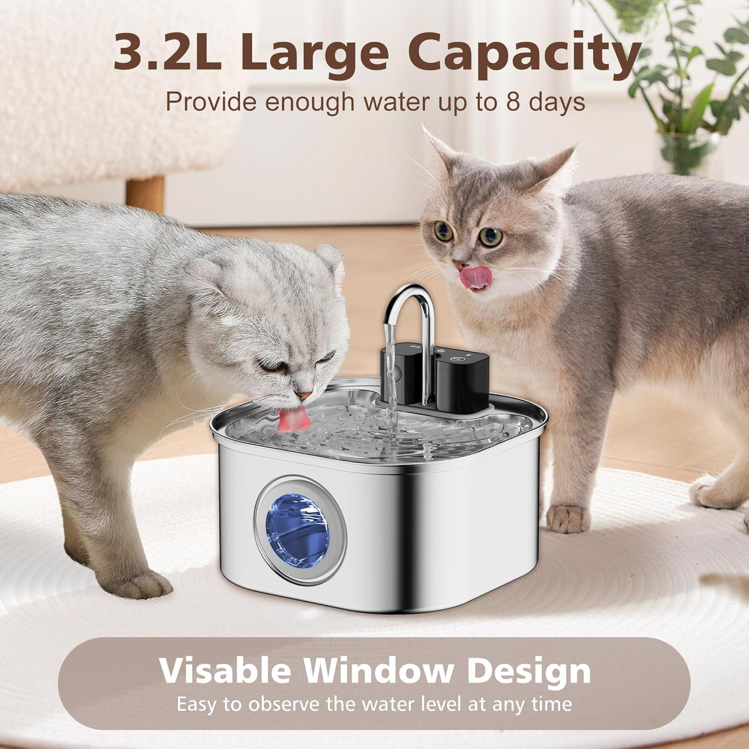 Cordless Cat Water Fountain Stainless Steel, 3.2L Automatic Wireless Pet Drinking Fountain Battery Operated with Water Level Window for Cats Dogs image number 2