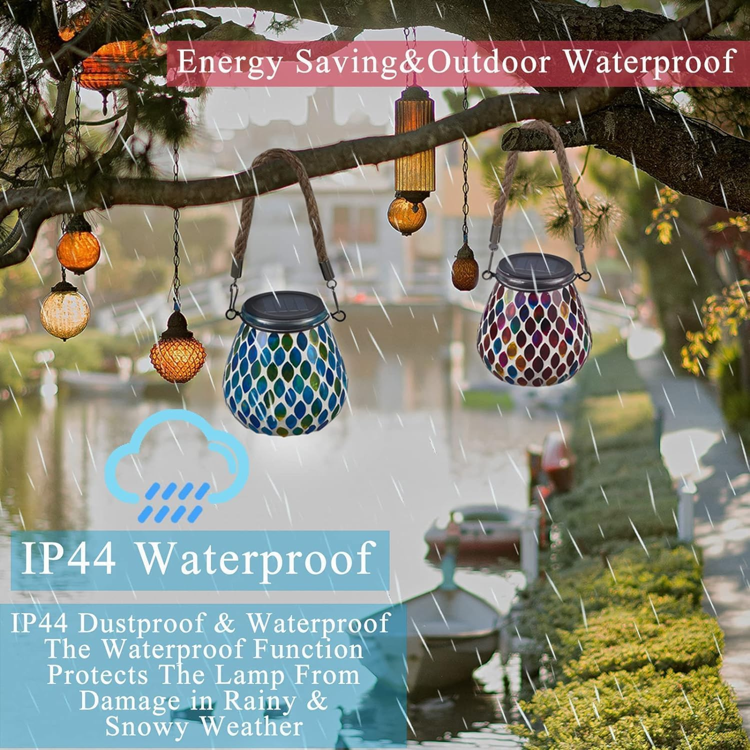 Zarmanuae Mosaic Solar Lanterns Outdoor Hanging Lights, Red & Blue Color Solar Glass Lights, Outdoor Waterproof Solar Night Lights, Garden, Patio, Pathway & Yard Multi-Colour, 2 Pack image number 5