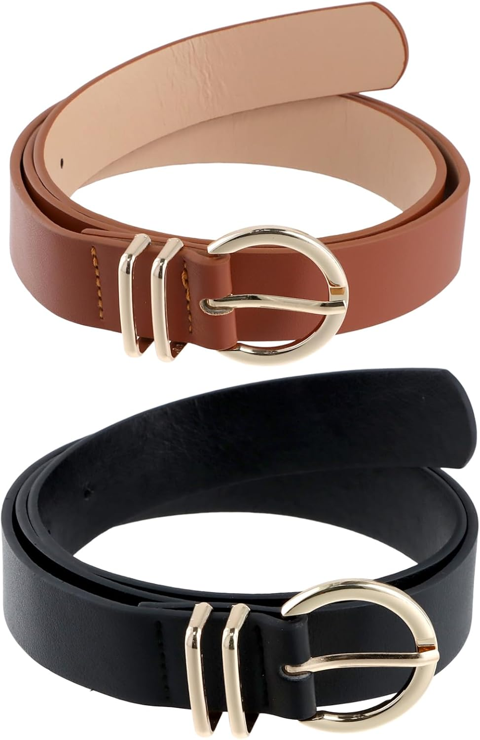 2 Pack Womens Leather Belts, All-Match Belts Fashion Belts, with Gold round Metal Buckle, Belts for Jeans Pants (Black +Brown) image number 3