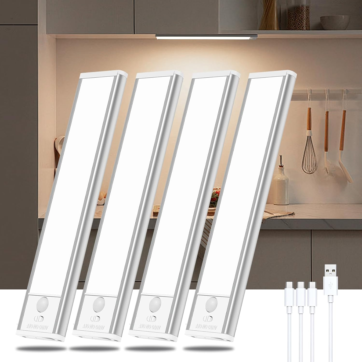 4 Pack Motion Sensor under Cabinet Lights,Upgraded Rechargeable 1100Mah Battery, Dimmable 3 Color Temps LED Light Bars with Magnetic Stick-On for Closet, Kitchen, Pantry, Stairs, Hallway image number 3