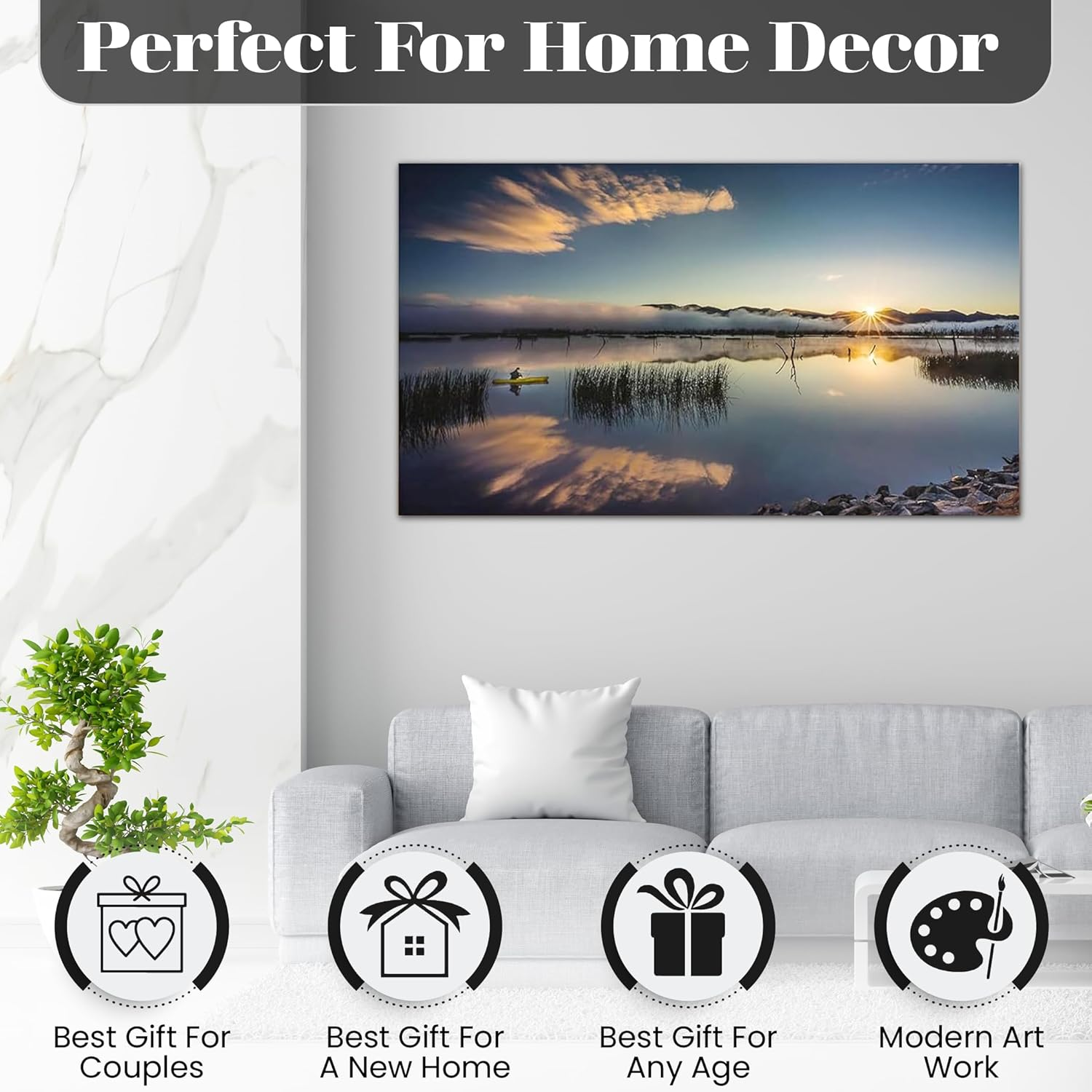 Tomuu Erissa Large Bedroom Wall Art with Tranquil Peaceful Sunrise over Lake Scene | Canvas Wall Paintings for Living Room | Large Wall Pictures for Living Room | Premium Decor | 100 X 50Cm image number 4