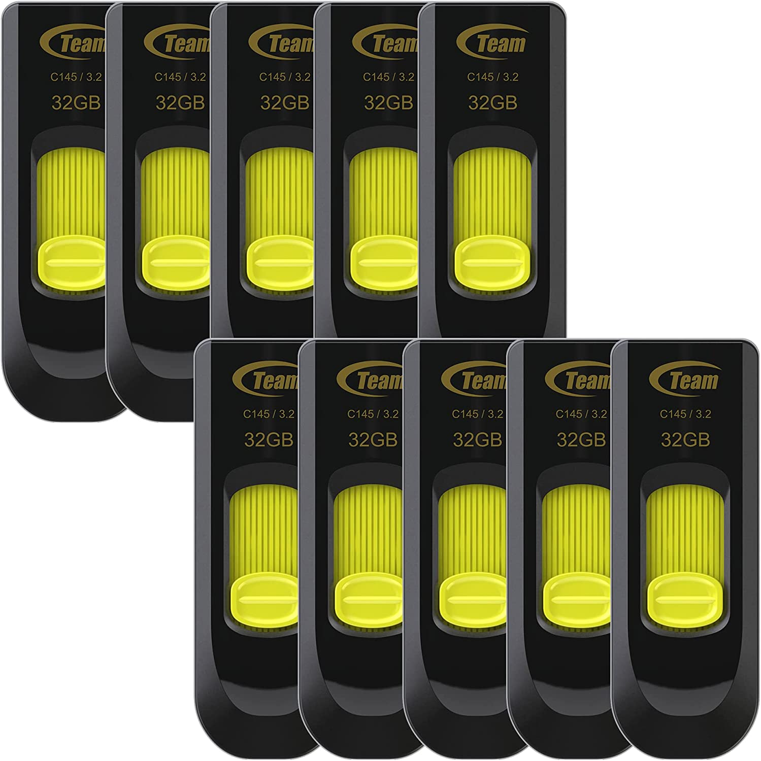 TEAMGROUP C145 32GB 10 Pack USB 3.2 Gen 1 (3.1/3.0) USB Flash Thumb Drive, External Data Storage Memory Stick Compatible with Computer/Laptop (Black-Yellow) TC145332GY23