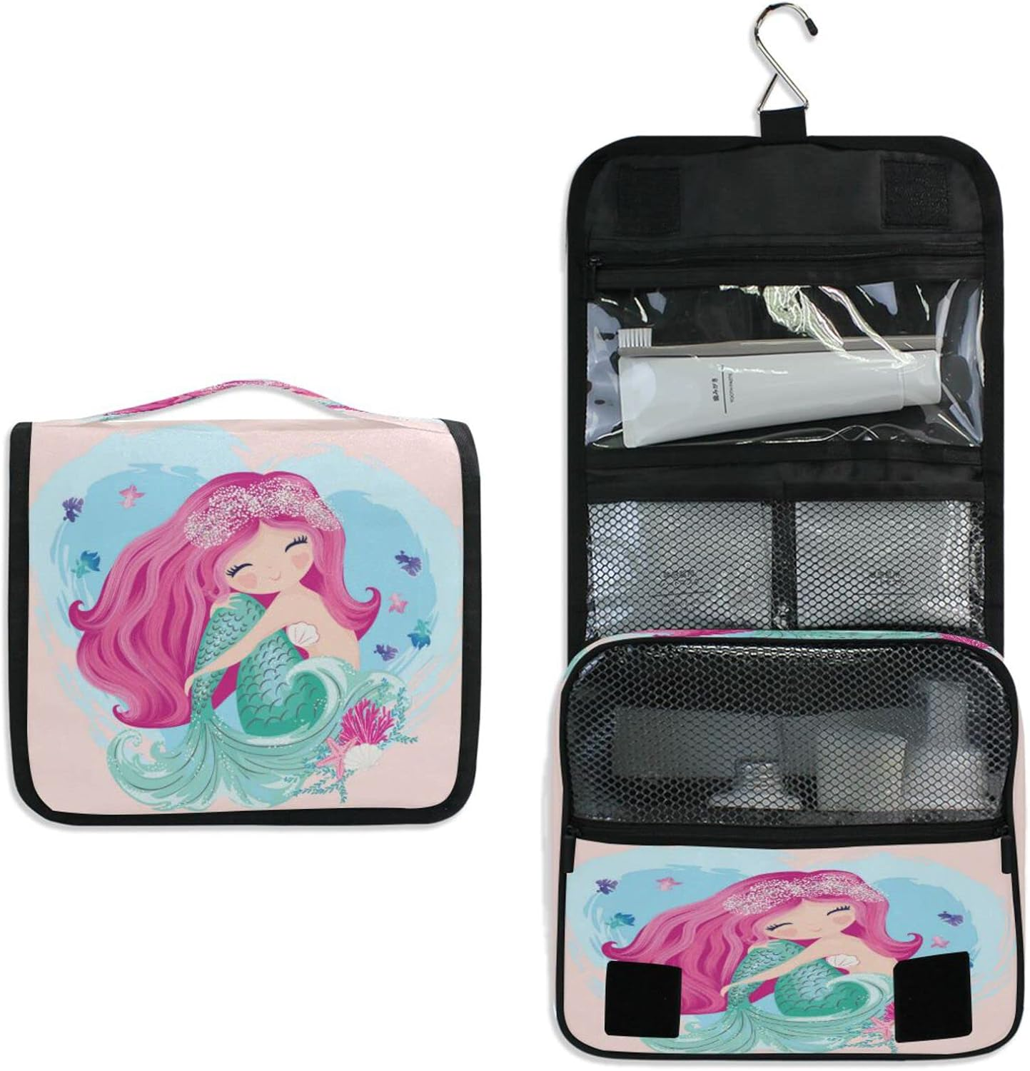 Cute Ocean Animal Mermaid Hanging Toiletry Bag for Women Men, Portable Makeup Bag Organizer Cosmetic Bag for Purse Pouch Waterproof Travel Essentials Large Wash Bag for Kids Girls, Multicolor, One image number 6