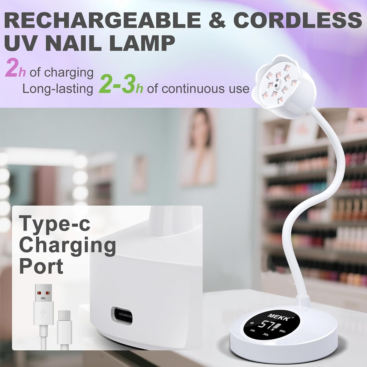 MEKK Gooseneck UV Nail Lamp 30W LED, Crystal White, Gel Nail Lamp, Cordless, Auto-Sensing, 3 Timers, 10 LED Lights - Pink image number 6