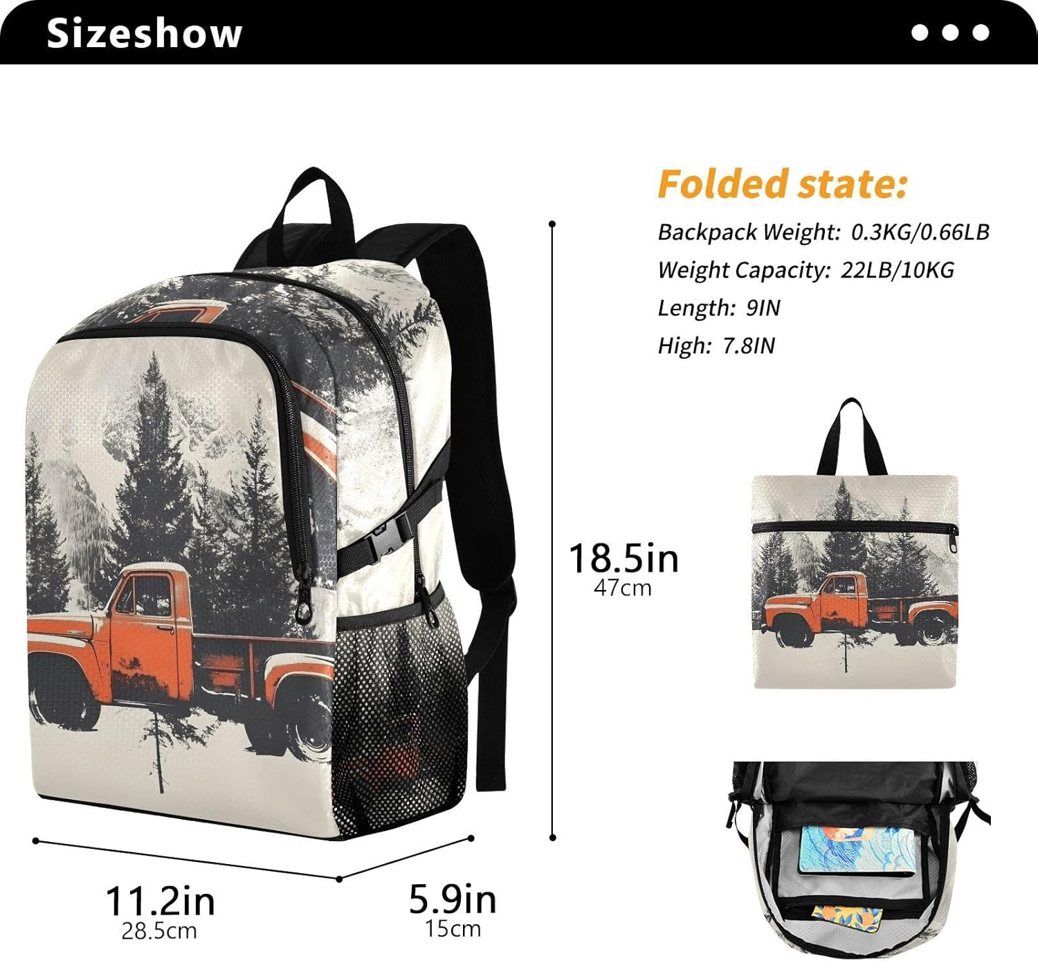 AIXIWAWA Travel Backpack Christmas Trucks, Packable Lightweight Waterproof Portable Casual Daypack Foldable for Hiking Camping Weight Capacity 22 LB, Multicolor, 11.2&times;5.9&times;18.5 IN image number 4