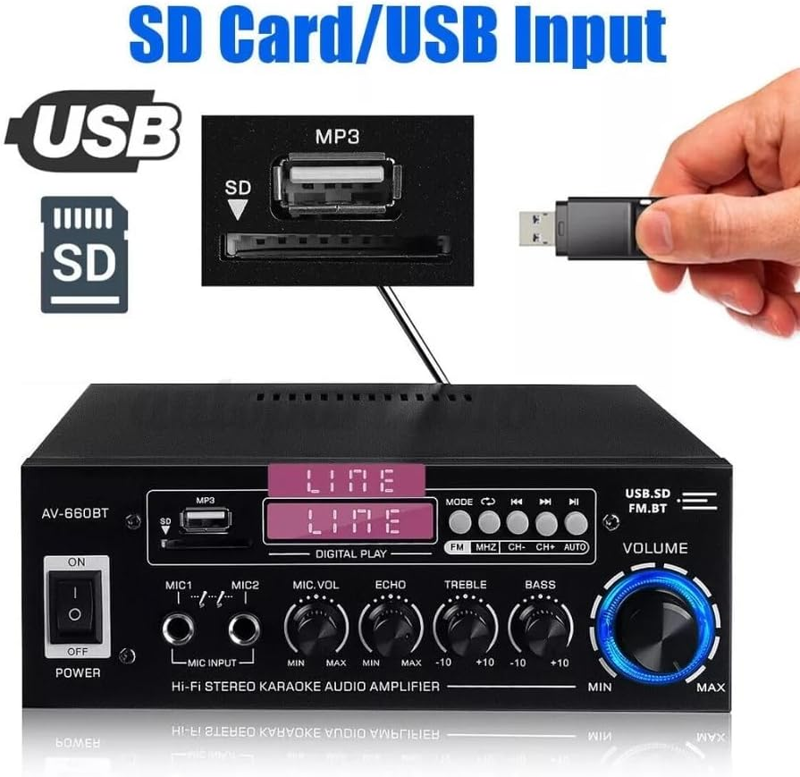 1200W Stereo Audio Amplifier, Bluetooth 5.0 Power Amplifier, 2 Channel Stereo Audio Receiver with 5-Band EQ Mixer, USB/SD Inputs, DVD/AUX Signal Support, FM Radio for Car and Home Theater image number 3