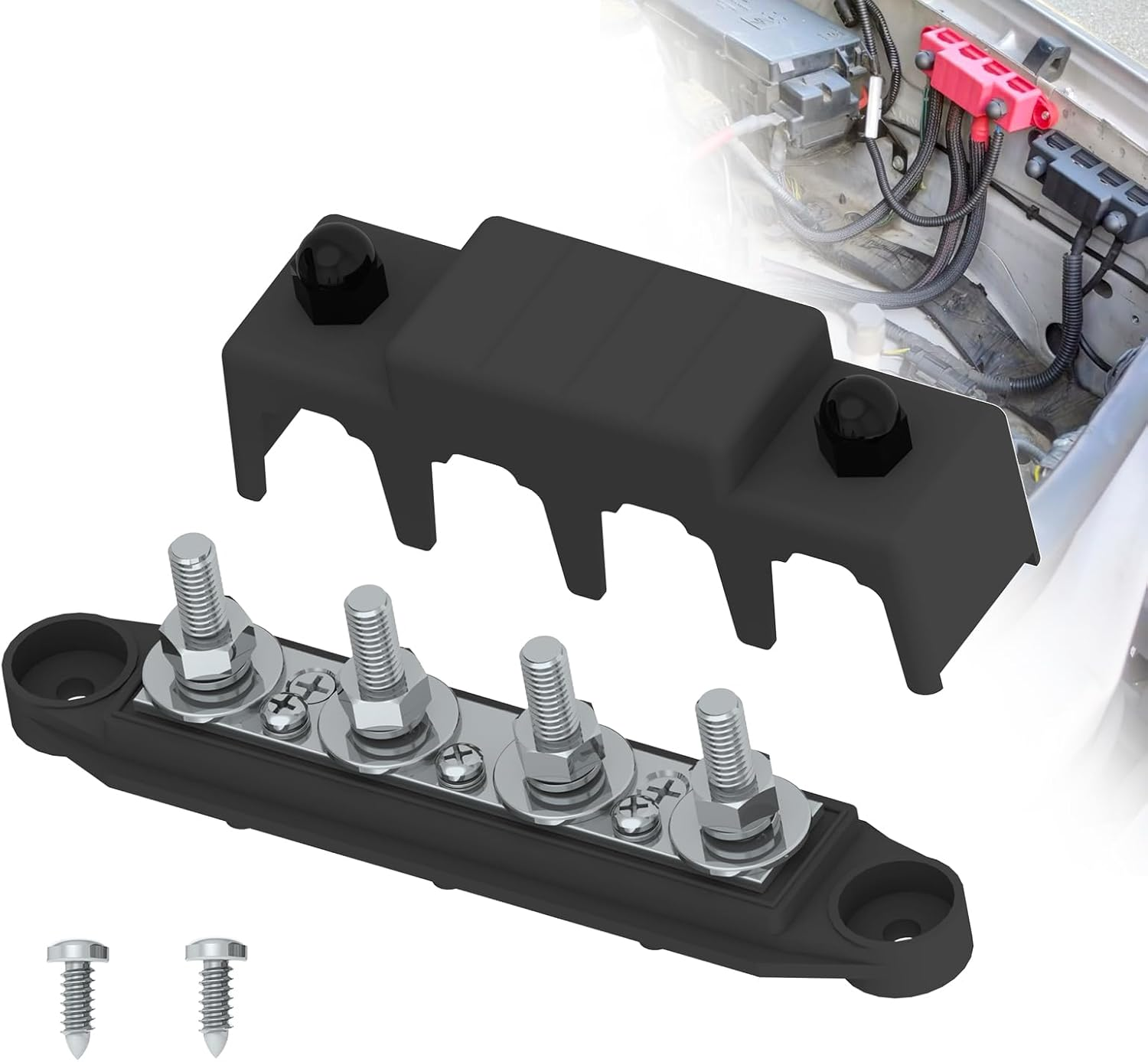 Bus Bar 250A 12V Power Distribution Block with 5/16" (M8) 4-Posts Terminals Block with Cover for Automotive, Marine, Battery System (Black & Red)