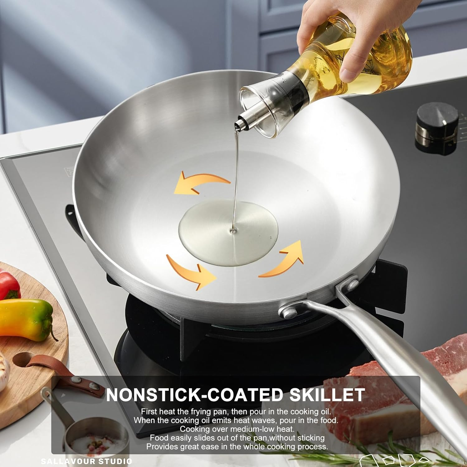 Stainless Steel Frying Pan Wok Nonstick Pan Fried Steak Pot Uncoated Kitchen Cookware for Gas Stove and Induction Cooker (22CM) image number 5