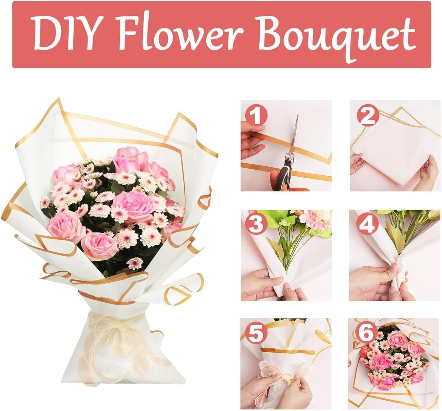 JOYIT 20 Sheets Flower Wrapping Paper - White, 22.8''X22.8'' with Ribbon, Waterproof, Perfect for Wedding, Birthday, Flower Shop, DIY Craft - Black image number 3