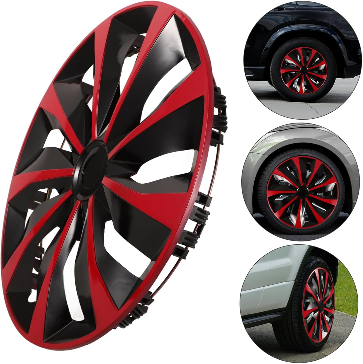 FELTECHELECTR Automotive Car Hubcap 14-Inch Rim Covers Red Black Replacement Hubcaps for Cars Universal Wheel Cover Decorative Hub Caps Suitable for Passenger Vehicles