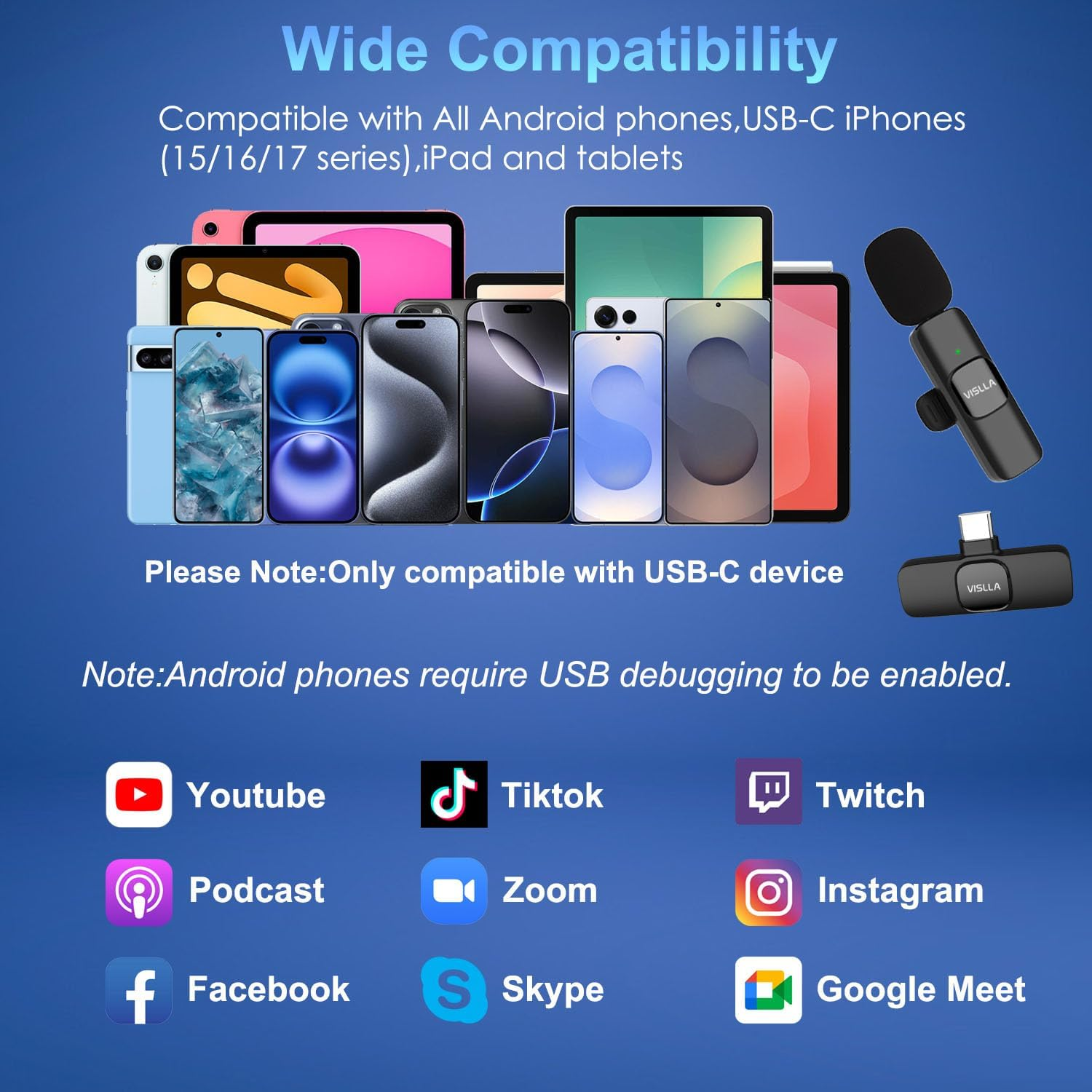 Vislla Wireless Lavalier Microphone for Iphone 15/16/17 Series, Ipad and Android Devices, Noise Cancelling,Bluetooth Mini Lapel Microphone for Youtube/Vlogging/Live Streaming/Tiktok/Interview image number 6
