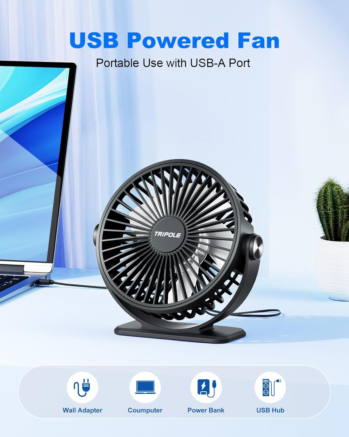 Tripole Desk Fan USB Powered Portable Mini Fans with 3 Speeds Quiet Plug in Small Fans 360&deg;Rotation Head for Desktop Office Home Travel No Battery (Black) - Pink image number 2