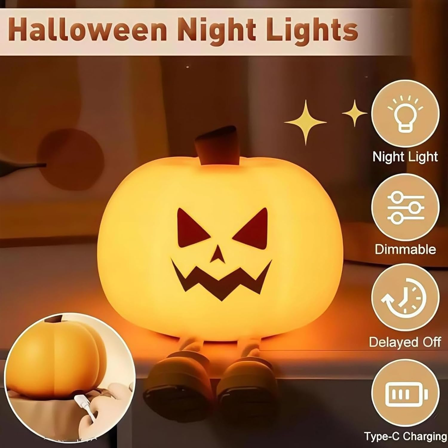Mischievous Grinning Pumpkin Night Light, Cute Halloween Pumpkin Night Light, Soft Silicone Bedside Touch Lamp with 3 Level Dimmable, Halloween Pumpkins Nights Lights (Style A) image number 5