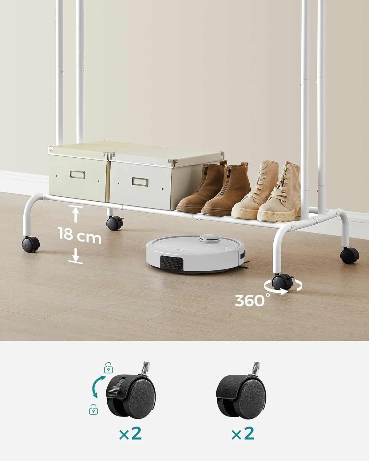 SONGMICS Clothes Rail, Clothes Rack, Double Clothes Hanging Rail, Heavy-Duty Metal Frame, with Wheels and Shelf, 100 Kg Total Max. Load, 103.5 Cm Wide, Clothing Storage, White HSR107W01 image number 5