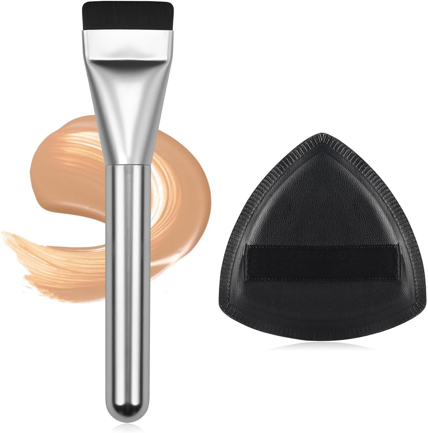 Flat Foundation Brush for Liquid Makeup, with Powder Puff Fast Flawless Flat Top Kabuki Makeup Brushes Face Cosmetics Concealer Brush for Liquid, Blending, Powder, Blush,【 Silver】 image number 2