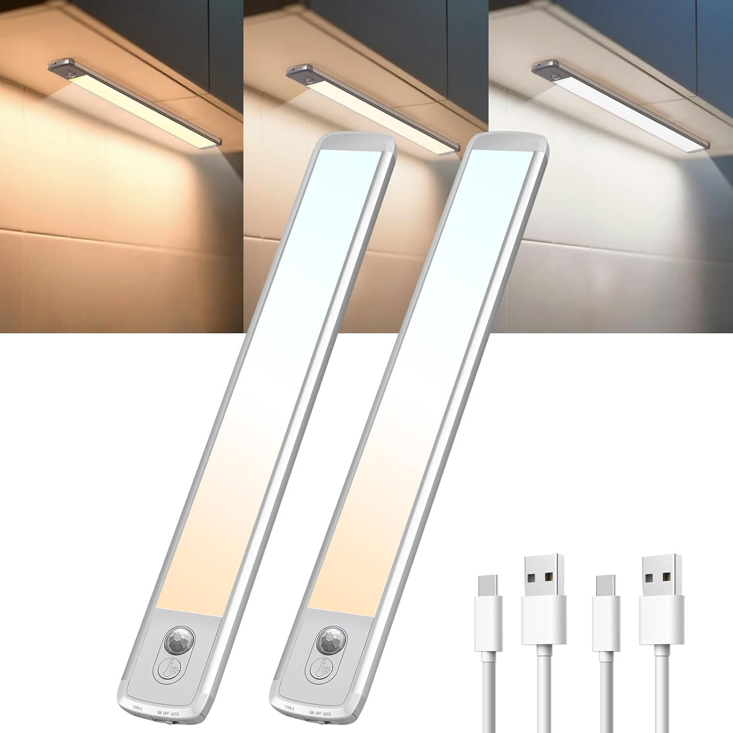 TANSOOL+ Cabinet Lighting LED Lamp with Motion Sensor Indoor - 3 Colour Modes Dimmable USB-C Cabinet Light Under-Unit Light Kitchen Light for Kitchen, Stairs, Cupboard - 30 Cm, Pack of 2 image number 2