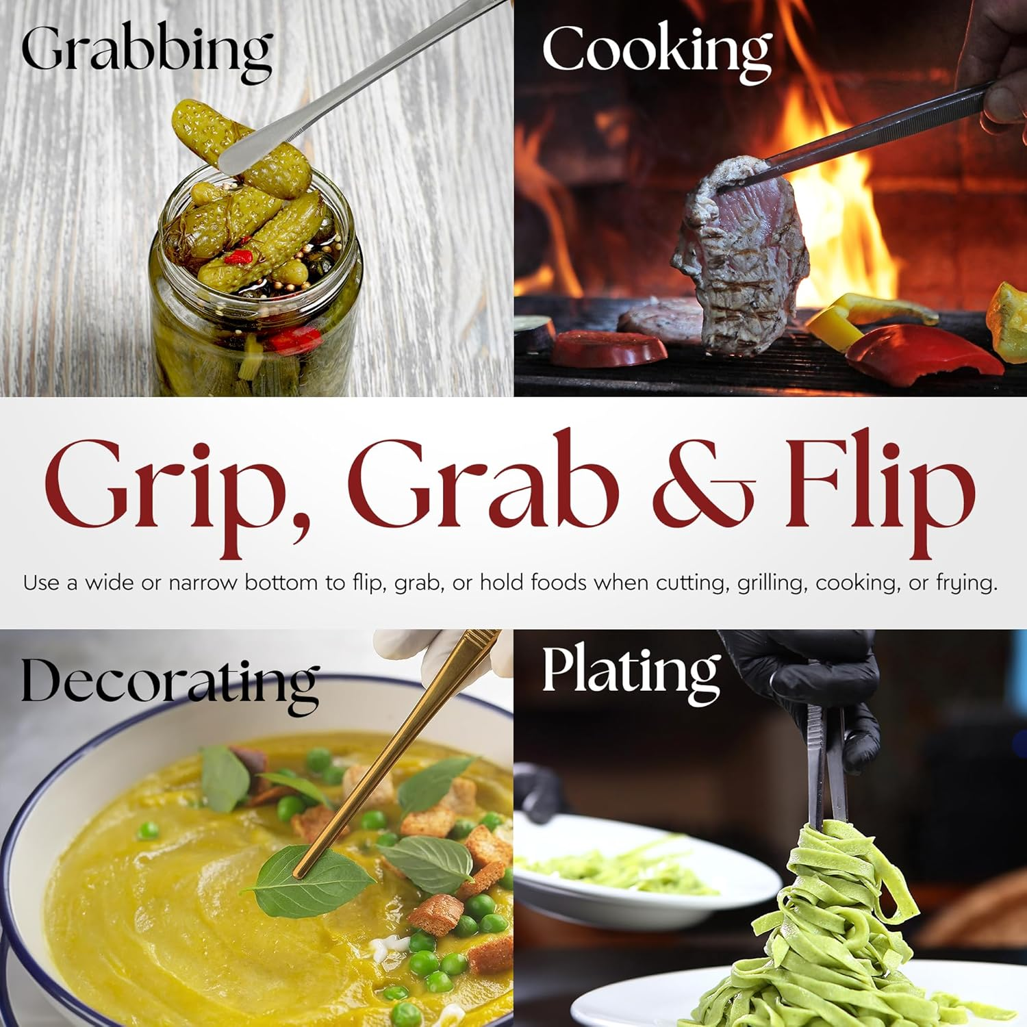 Namre' Tweezer Tongs for Cooking -Plating - 2 Pack Stainless Steel Cooking Tongs - Thin Chopstick Precise & Strong Chef Tweezers for Food & Small Objects - 12 Inch - (Gold)