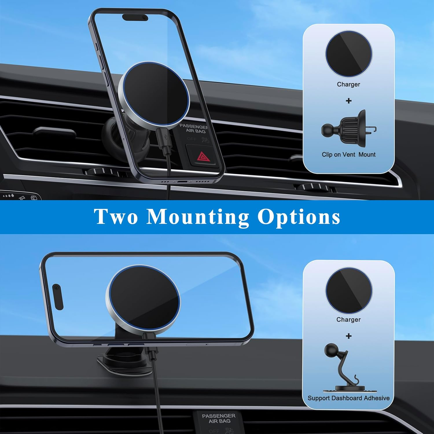 Leonids Wireless Car Charger for Iphone 16 15 14 13 Pro Max, 15W Magnetic Wireless Fast Charging with Air Vent Mount & Dashboard Mount & Car Charger Adapter for Magsafe Car Mount Charger image number 1