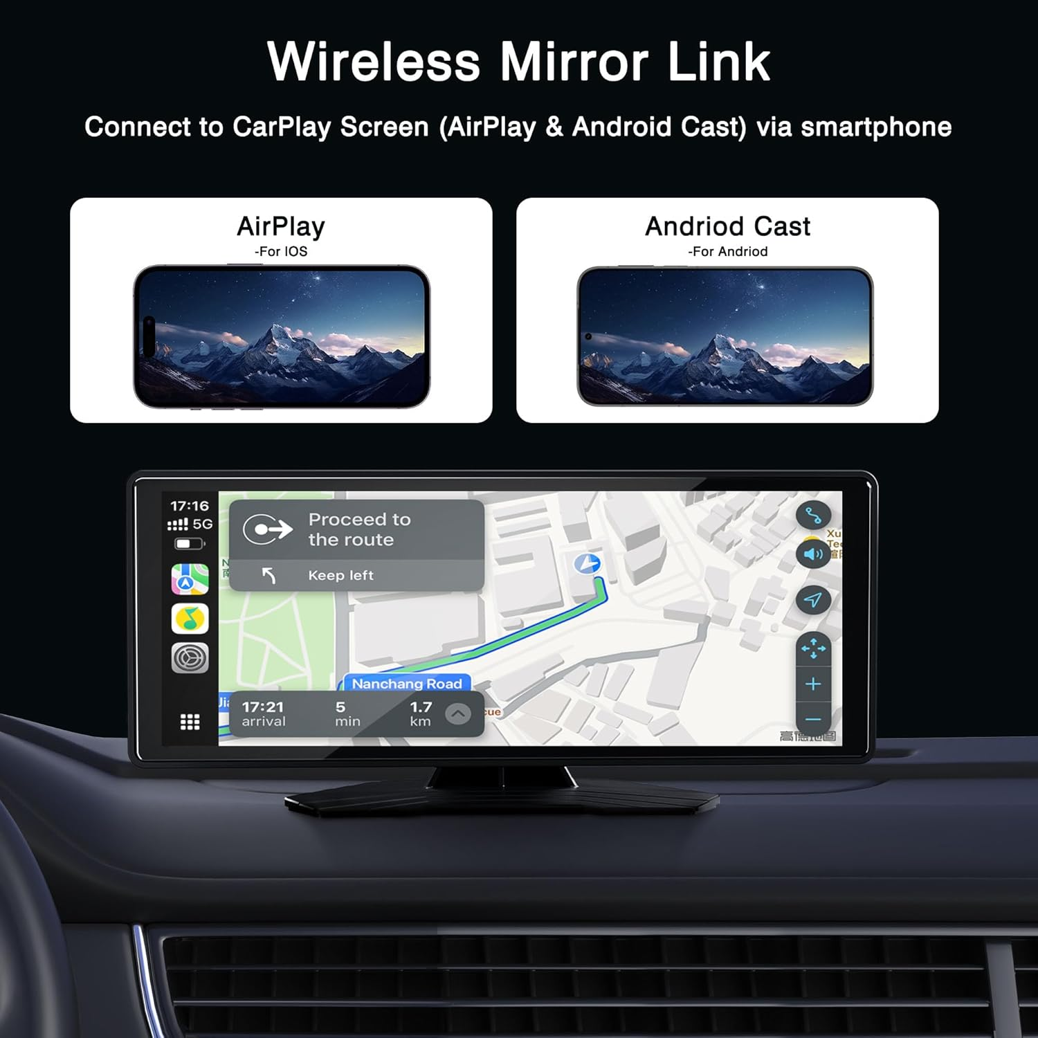 OTNBGSR 10.26'' Wireless Carplay Screen for Car,Portable IPS Android Auto Touchscreen - with Mirror Link、Bluetooth Audio、Siri Google Voice Assistant、Aux、Ahd Reversing Camera image number 2