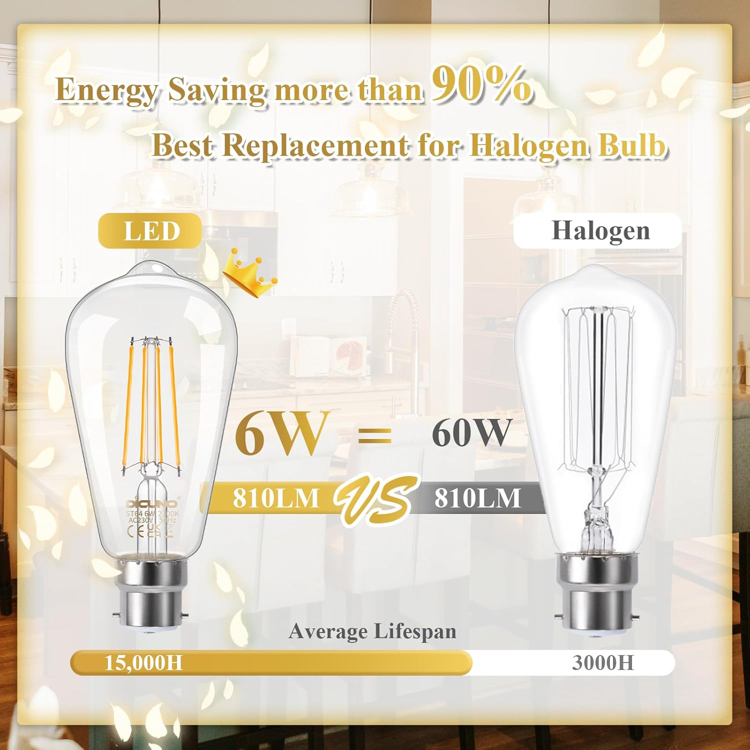 Dicuno Vintage Light Bulb B22, Bayonet Edison Light Bulb, Warm White 2700K, 6W Equivalent to 60W, 810LM, Filament Clear LED Bulb, Non-Dimmable, Pack of 6 image number 3