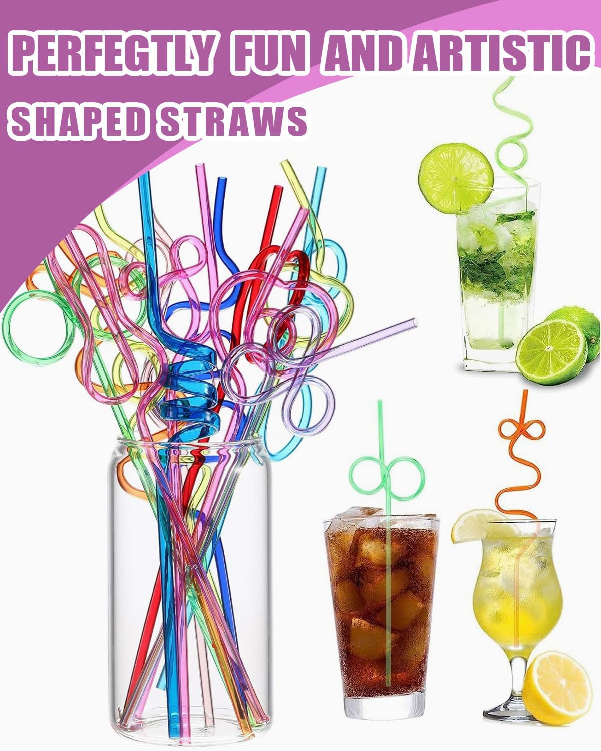 KGDUYC Pack of 12 Curly Shapes Straws, Colourful Plastic Long Reusable Straws for Cold Drinks, Cocktails, Children'S Birthday Parties, Weddings image number 1