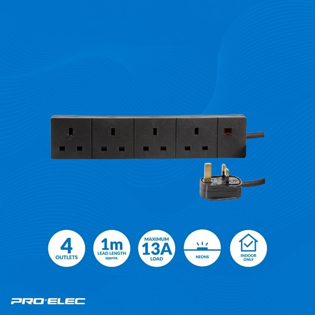 Pro Elec PELB1520 4-Gang Extension, Black, 1M Lead - Black image number 4