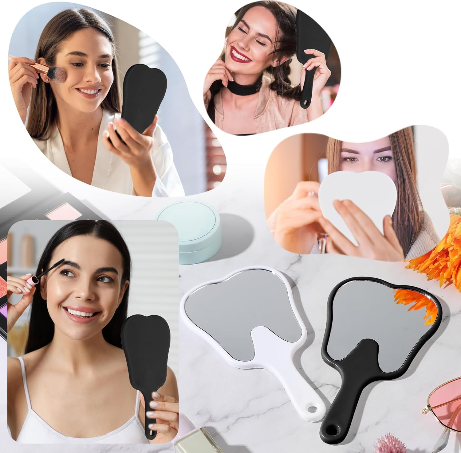 Gjinxi Tooth Shaped Handheld Mirror 2 Pcs Makeup Mirrors with Handle Portable Cosmetic Mirror Cute Dental Mirrors Single Sided Vanity Mirror Travel Looking Glass Reflector Tool for Daily Women - White, Pink image number 6