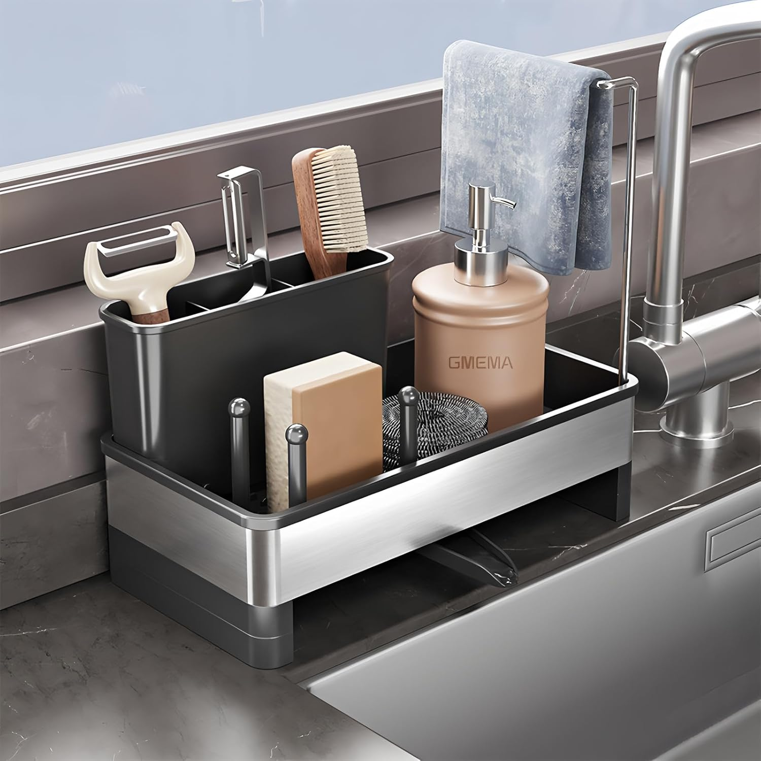 AIMANWEI Kitchen Sink Caddy Organiser,Sponge Holder for Kitchen Sink with Self Draining Tray,Rag Holder,Brush Holder,304 Stainless Steel,Soap Dispenser Storage Accessories for Storage