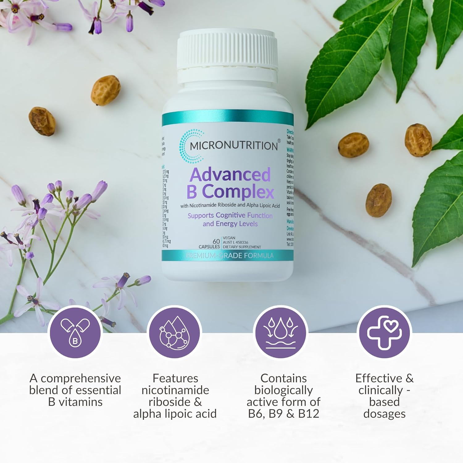 MICRONUTRITION Advanced B Complex Vitamin &ndash; One-A-Day, 60 Capsules - High-Strength - All 8 Essential B Vitamins B1, B2, B3, B5, B6, B7, B9 & B12 - Supports Energy, Cognitive Function, Skin Health image number 3