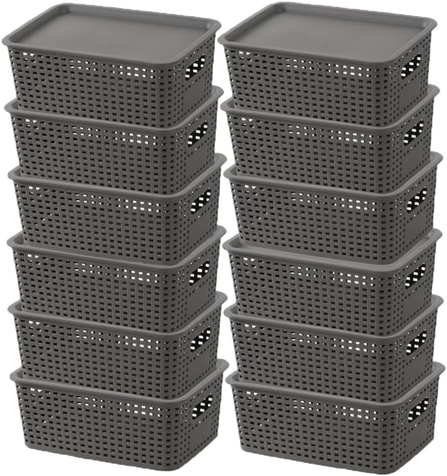 SHENMAIDAY 12-Pack Plastic Storage Baskets, Storage Boxes with Lids, Food Storage, Stackable Storage Boxes, Home Organizers for Shelves Drawers Desktop Closets, Gray