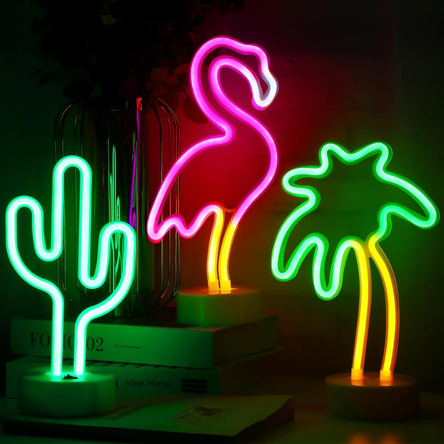 Liliful 3 Pcs Neon Sign Pineapple Neon Lights Sign Pink Flamingo Neon Lights Palm Tree Neon Sign Battery USB Powered Neon Lights Birthday Gifts with Pedestal for Girls Kids Bedroom Hawaiian Party image number 3