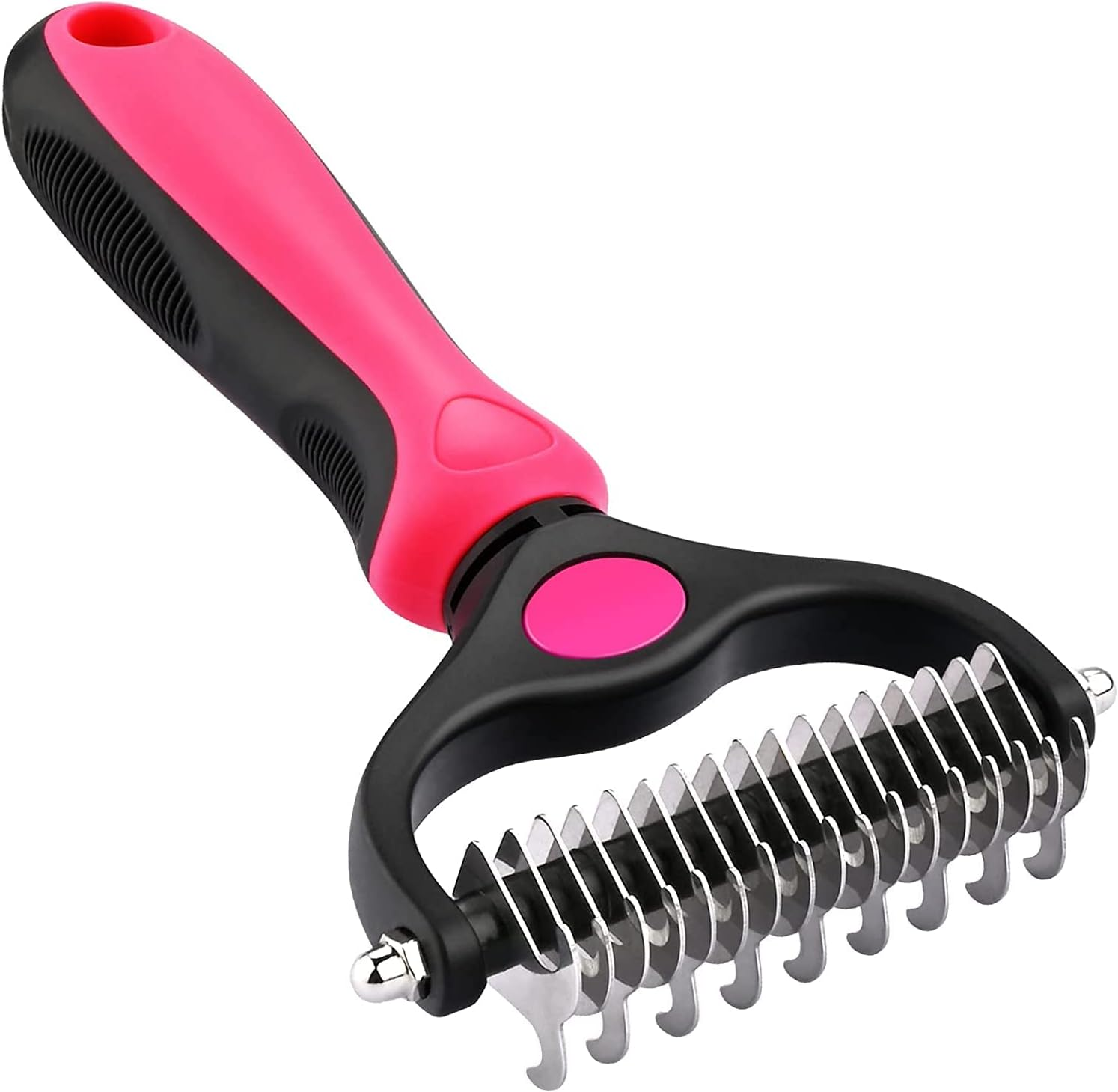 Pet Grooming Brush, Professional Undercoat Rake for Dogs & Cats 2 Sided Dematting Tool Shedding Brush for Deshedding, Undercoat, Knots, Mats & Tangles Removing, (9+17Tooth) - Pink