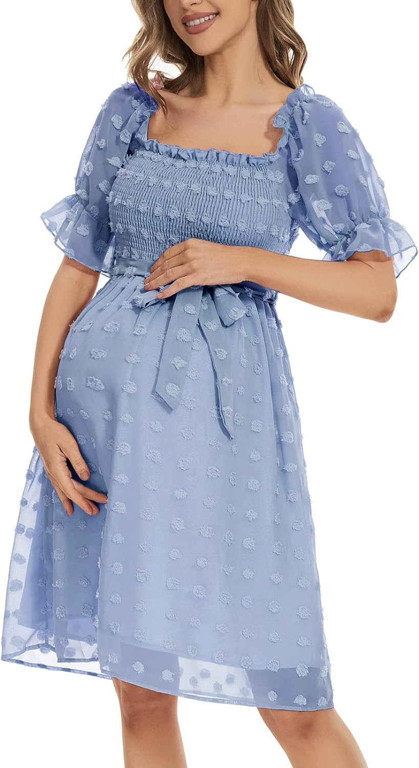 Boho Flutter Short Sleeve V-Neck Maternity Midi Dress for Baby Shower/Photoshoot/Holiday，Swiss Dot Maternity Dress image number 5